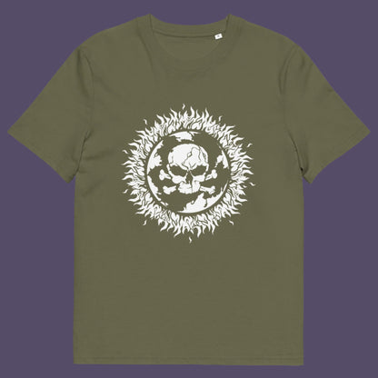 Khaki t-shirt This save the world t shirt is concerned with global warming. A design to keep climate issues at the forefront of peoples minds. A burning issue. Made from 100% organic ring-spun cotton, this save the earth t shirt is unisex, high-quality, super comfy, and best of all, eco-friendly.