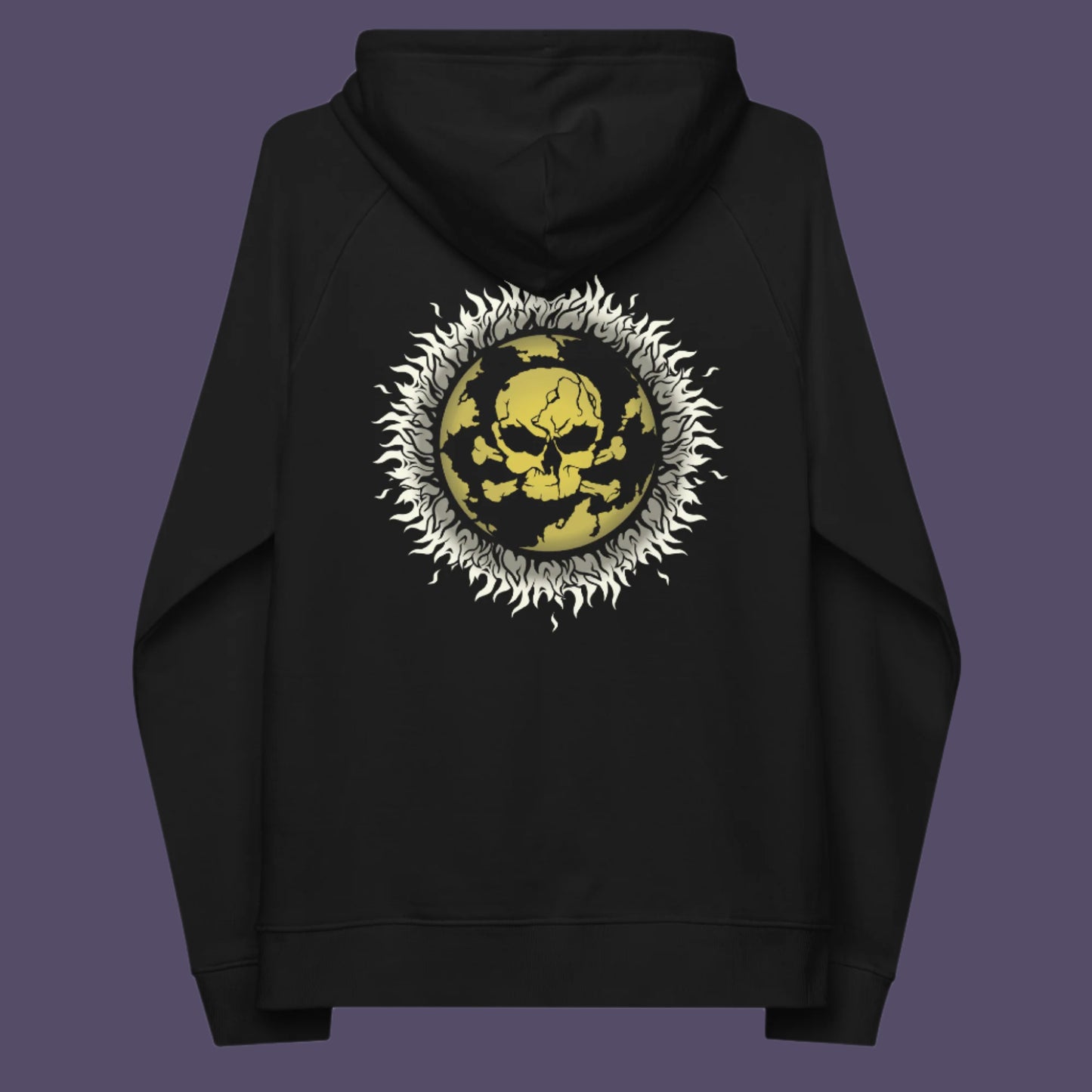 Black hoodie back. This save the world hoodie is concerned with global warming. A design to keep climate issues at the forefront of peoples minds. A burning issue. Comfortable and practical. It's extra soft and has a convenient front pouch pocket. Made from organic cotton and recycled polyester, this save the earth hoodie is a great eco-friendly choice.