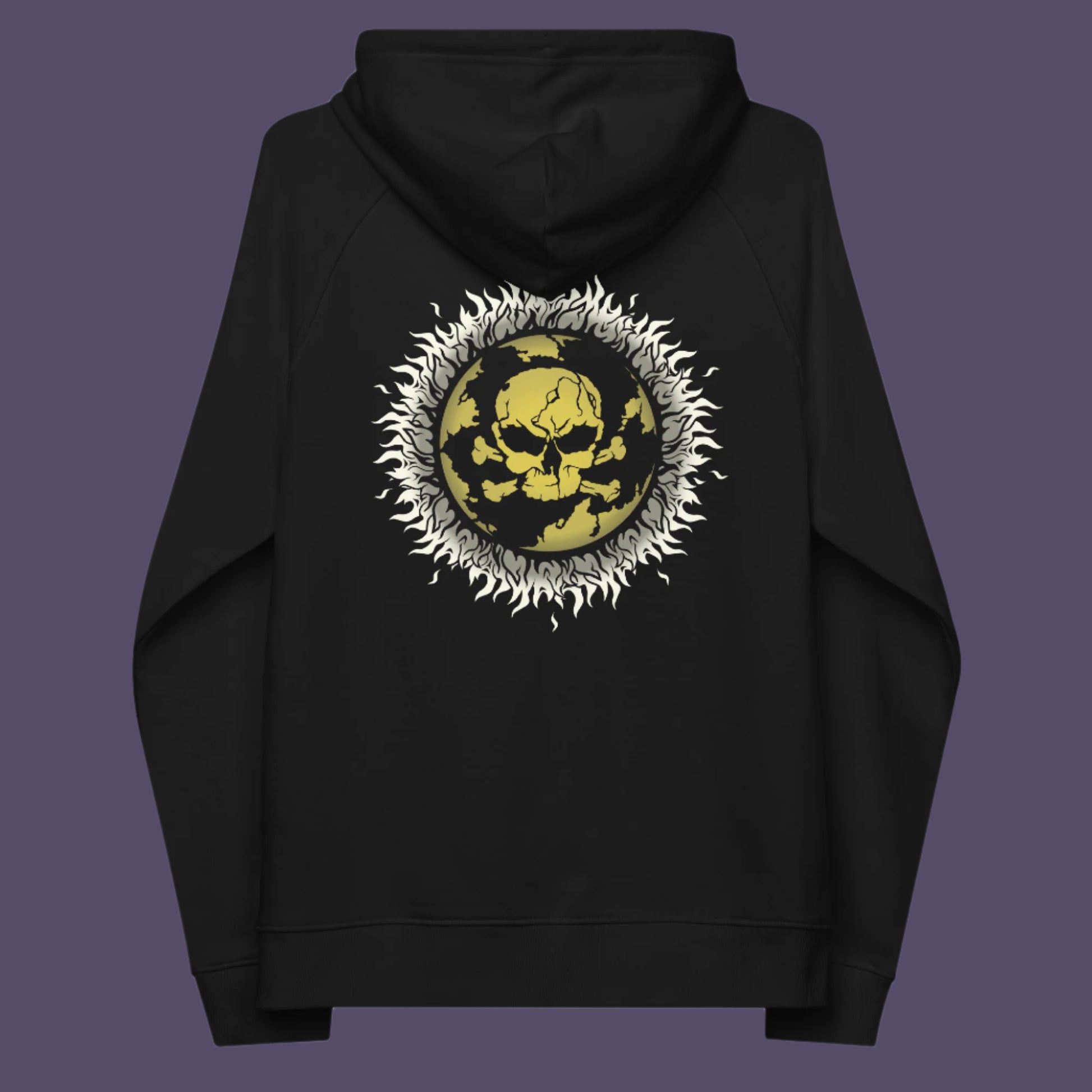 Black hoodie back. This save the world hoodie is concerned with global warming. A design to keep climate issues at the forefront of peoples minds. A burning issue. Comfortable and practical. It's extra soft and has a convenient front pouch pocket. Made from organic cotton and recycled polyester, this save the earth hoodie is a great eco-friendly choice.