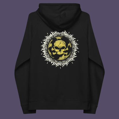 Black hoodie back. This save the world hoodie is concerned with global warming. A design to keep climate issues at the forefront of peoples minds. A burning issue. Comfortable and practical. It's extra soft and has a convenient front pouch pocket. Made from organic cotton and recycled polyester, this save the earth hoodie is a great eco-friendly choice.