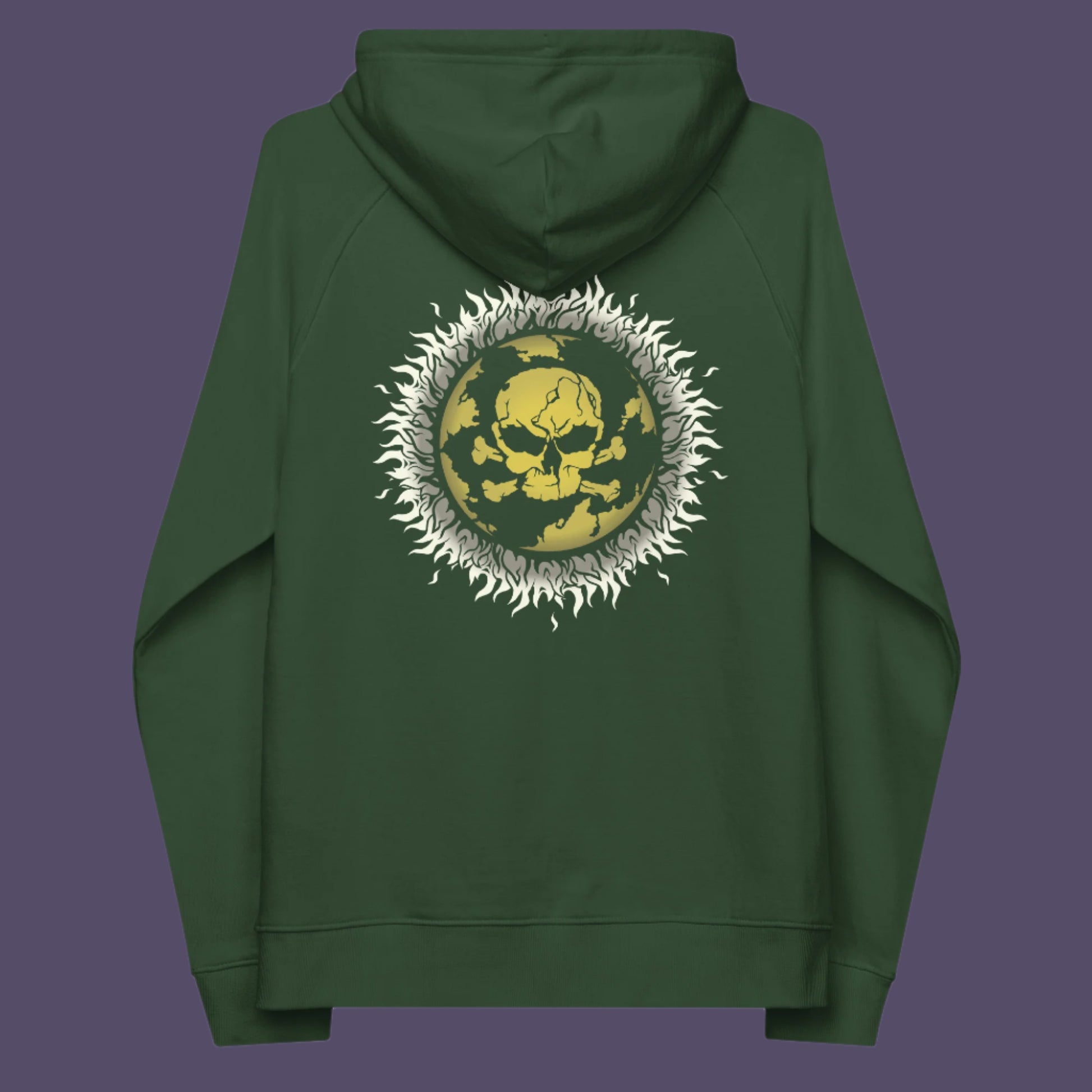 Bottle green hoodie back. This save the world hoodie is concerned with global warming. A design to keep climate issues at the forefront of peoples minds. A burning issue. Comfortable and practical. It's extra soft and has a convenient front pouch pocket. Made from organic cotton and recycled polyester, this save the earth hoodie is a great eco-friendly choice.