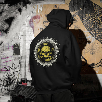 Person wearing a black hoodie with a yellow and white design on the back, standing in front of a graffiti-covered wall. This save the world hoodie is concerned with global warming. A design to keep climate issues at the forefront of peoples minds. A burning issue. Comfortable and practical. It's extra soft and has a convenient front pouch pocket. Made from organic cotton and recycled polyester, this save the earth hoodie is a great eco-friendly choice.