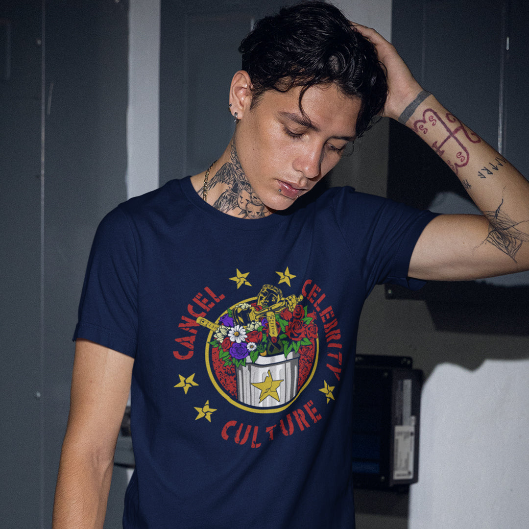Tattooed an wearing a French navy t shirt  with "CANCEL CELEBRITY CULTURE" text.