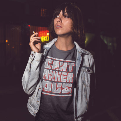 Person wearing a shirt with text, smoking a cigarette at night. A grumpy non conformist t shirt design. Argumentative and pessimistic ? Exercise your disapproval, and be proud to be labelled cantankerous. Made from 100% organic ring-spun cotton, this urban art t shirt is unisex, high-quality, super comfy, and best of all, eco-friendly.