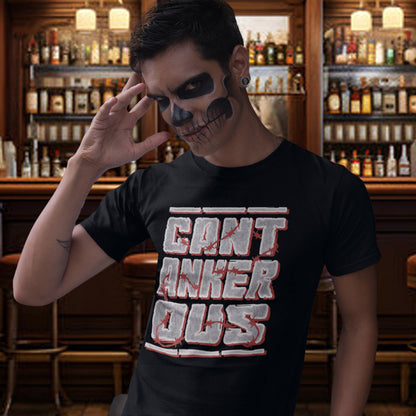 Person wearing a black t-shirt with 'CANTANKEROUS' text in a bar setting. A grumpy non conformist t shirt design. Argumentative and pessimistic ? Exercise your disapproval, and be proud to be labelled cantankerous. Made from 100% organic ring-spun cotton, this urban art t shirt is unisex, high-quality, super comfy, and best of all, eco-friendly.