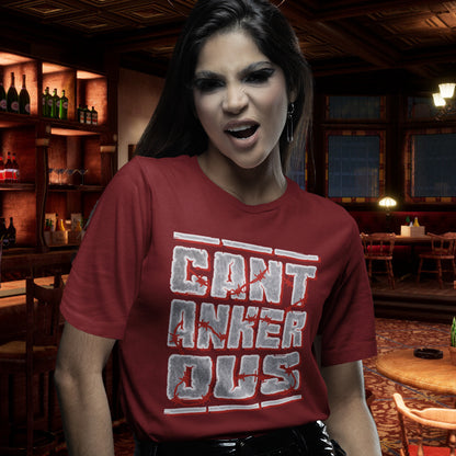 Person wearing a burgundy t-shirt with text in a bar setting. A grumpy non conformist t shirt design. Argumentative and pessimistic ? Exercise your disapproval, and be proud to be labelled cantankerous. Made from 100% organic ring-spun cotton, this urban art t shirt is unisex, high-quality, super comfy, and best of all, eco-friendly.