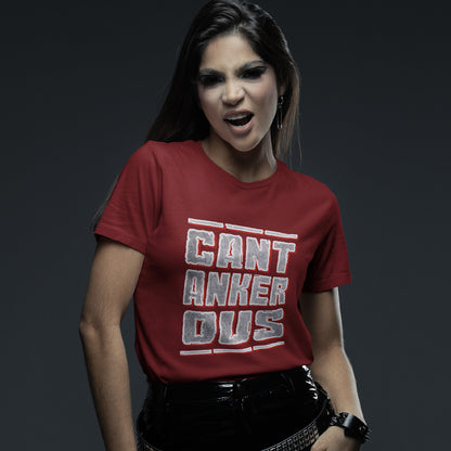 A woman with black hair snarling and wearing a burgundy t-shirt with a "CANTANKEROUS" logo.