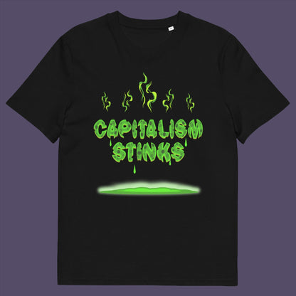 Black t-shirt. A funny anti-capitalist t-shirt exposing capitalism for what it really is. Let's face it, Capitalism has had it's day and is just rotting peoples ethics and promoting greed. Show your alternative view with this humorous political t-shirt. Made from 100% organic ring-spun cotton, this anti-capitalist t-shirt is unisex, high-quality, super comfy, and best of all, eco-friendly.