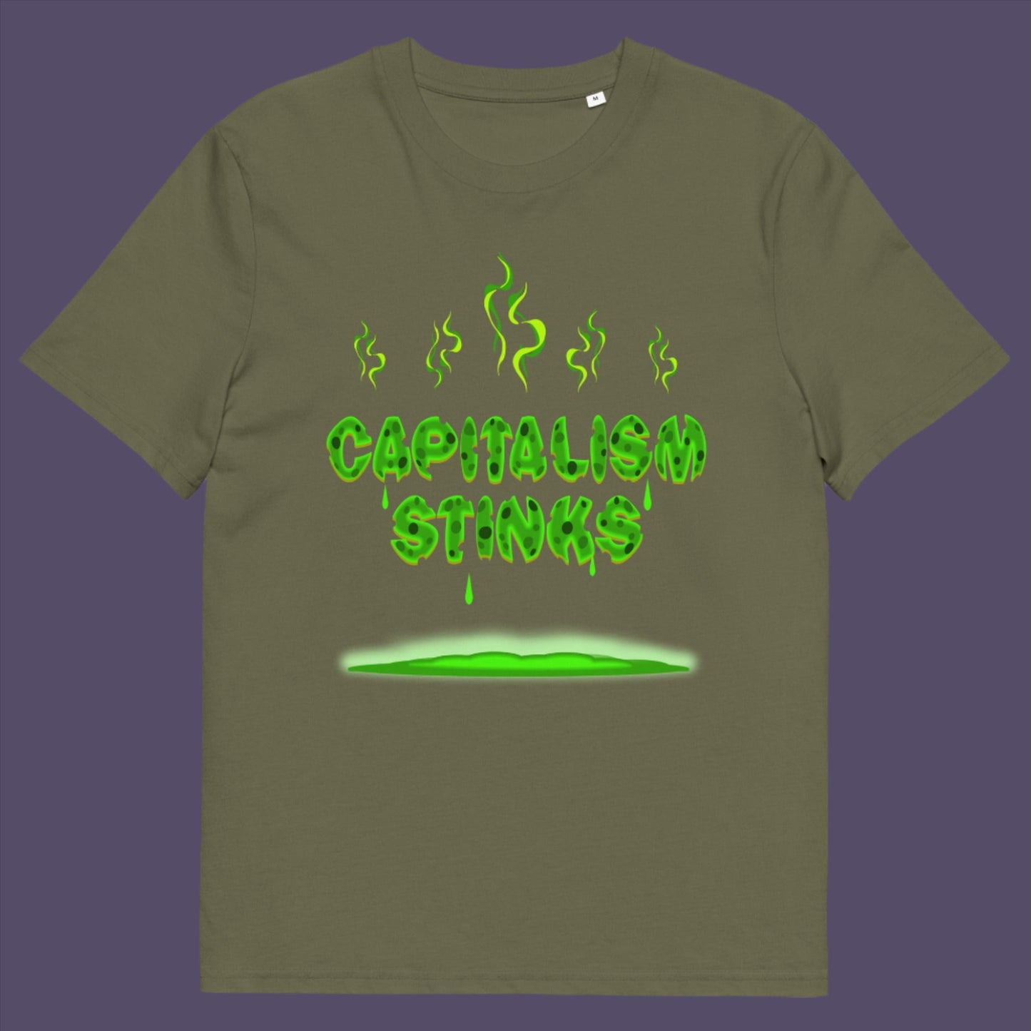 Khaki t-shirt. A funny anti-capitalist t-shirt exposing capitalism for what it really is. Let's face it, Capitalism has had it's day and is just rotting peoples ethics and promoting greed. Show your alternative view with this humorous political t-shirt. Made from 100% organic ring-spun cotton, this anti-capitalist t-shirt is unisex, high-quality, super comfy, and best of all, eco-friendly.