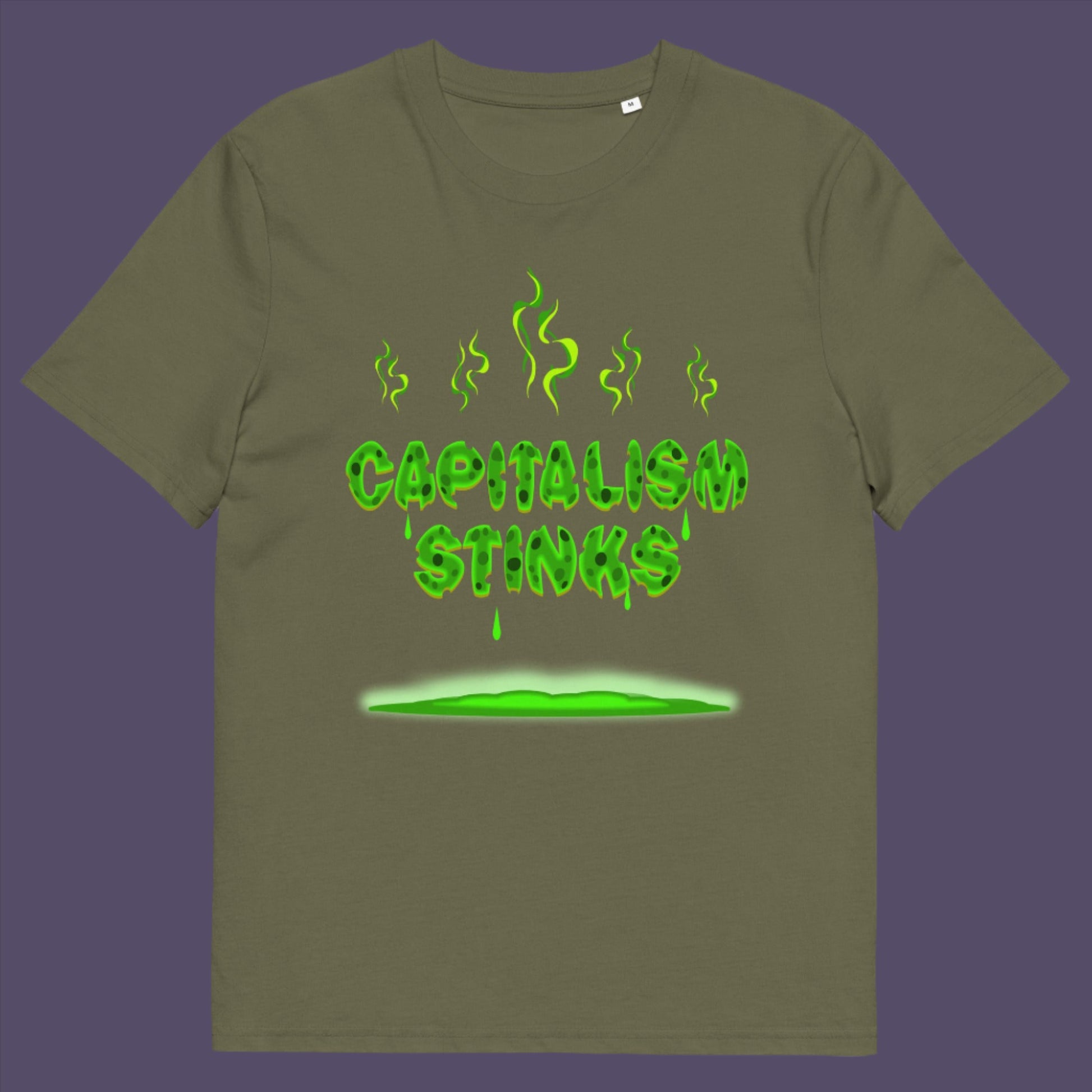 Khaki t-shirt. A funny anti-capitalist t-shirt exposing capitalism for what it really is. Let's face it, Capitalism has had it's day and is just rotting peoples ethics and promoting greed. Show your alternative view with this humorous political t-shirt. Made from 100% organic ring-spun cotton, this anti-capitalist t-shirt is unisex, high-quality, super comfy, and best of all, eco-friendly.