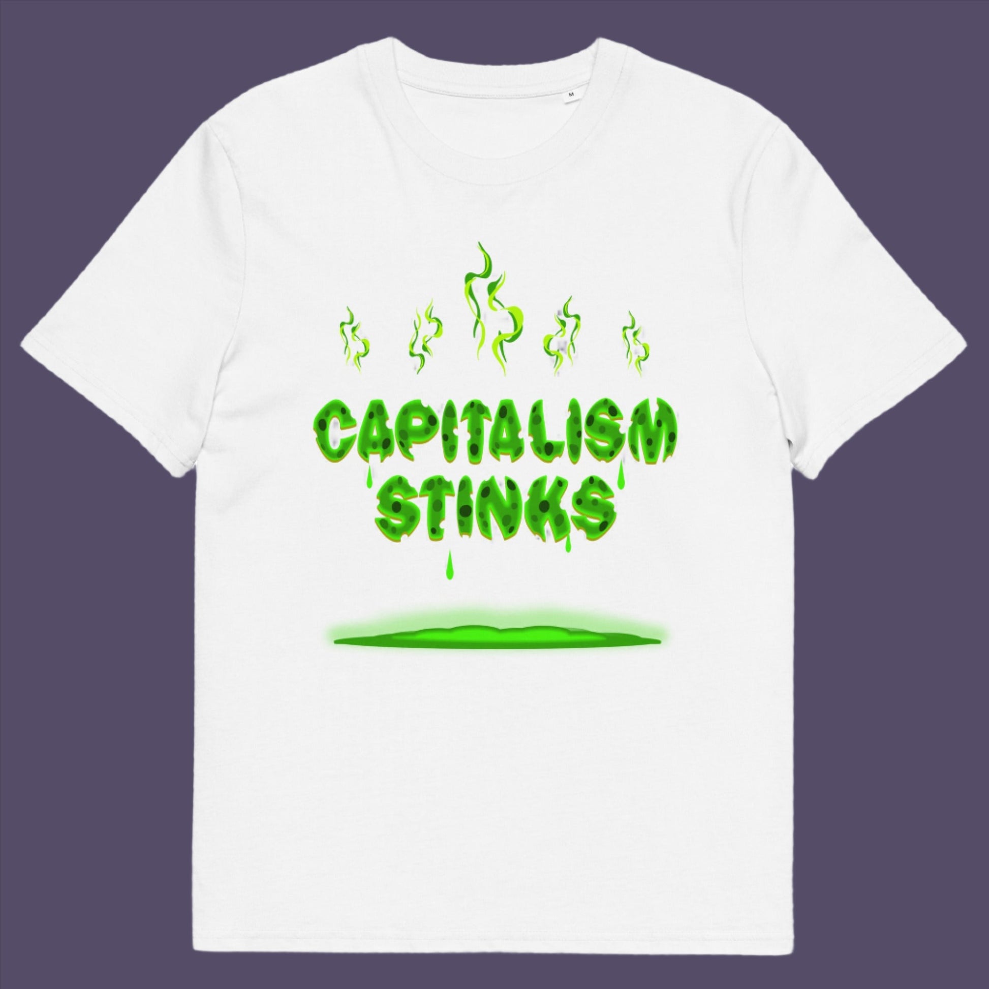 White t-shirt. A funny anti-capitalist t-shirt exposing capitalism for what it really is. Let's face it, Capitalism has had it's day and is just rotting peoples ethics and promoting greed. Show your alternative view with this humorous political t-shirt. Made from 100% organic ring-spun cotton, this anti-capitalist t-shirt is unisex, high-quality, super comfy, and best of all, eco-friendly.
