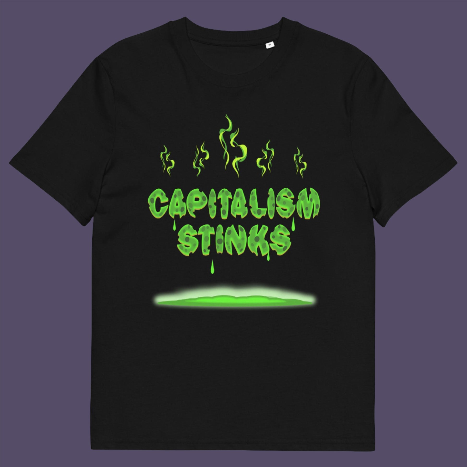 Black t-shirt. A funny anti capitalism t shirt exposing capitalism for what it really is. Let's face it, Capitalism has had it's day and is just rotting peoples ethics and promoting greed. Show your alternative view with this funny political t shirt. Made from 100% organic ring-spun cotton, this anti-capitalist t shirt is unisex, high-quality, super comfy, and best of all, eco-friendly.