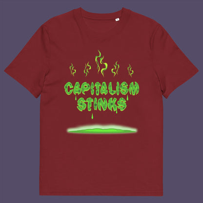 Burgundy t-shirt. A funny anti capitalism t shirt exposing capitalism for what it really is. Let's face it, Capitalism has had it's day and is just rotting peoples ethics and promoting greed. Show your alternative view with this funny political t shirt. Made from 100% organic ring-spun cotton, this anti-capitalist t shirt is unisex, high-quality, super comfy, and best of all, eco-friendly.