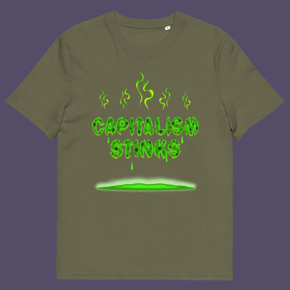 Khaki t-shirt. A funny anti capitalism t shirt exposing capitalism for what it really is. Let's face it, Capitalism has had it's day and is just rotting peoples ethics and promoting greed. Show your alternative view with this funny political t shirt. Made from 100% organic ring-spun cotton, this anti-capitalist t shirt is unisex, high-quality, super comfy, and best of all, eco-friendly.