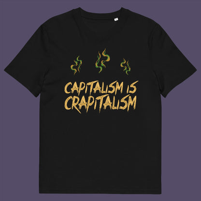 Black t-shirt. A funny anti-capitalism t-shirt suggesting a letter was left out of the naming of capitalism. This unique anti-establishment t-shirt design argues that the system is crap. Made from 100% organic ring-spun cotton, this anti-capitalist t-shirt is unisex, high-quality, super comfy, and best of all, eco-friendly.