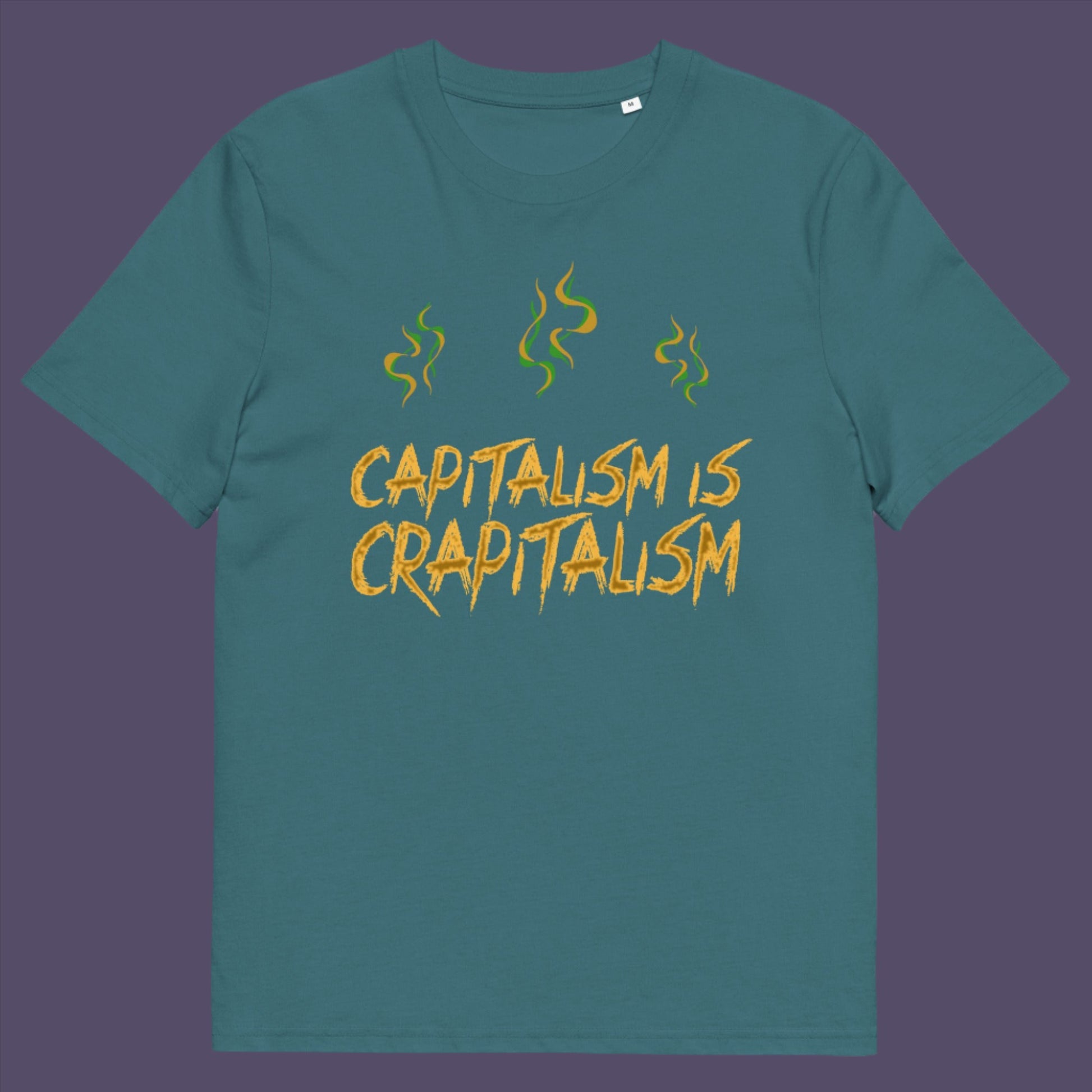 Stargazer t-shirt. A funny anti-capitalism t-shirt suggesting a letter was left out of the naming of capitalism. This unique anti-establishment t-shirt design argues that the system is crap. Made from 100% organic ring-spun cotton, this anti-capitalist t-shirt is unisex, high-quality, super comfy, and best of all, eco-friendly.