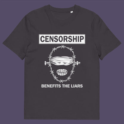 Anthracite t-shirt. This political t-shirt highlights the benefits of censorship. Lies and censorship go hand-in-hand as tools of control and manipulation. This unique design promotes social awareness and freedom of speech. Made from 100% organic ring-spun cotton, this political t-shirt is unisex, high-quality, super comfy, and best of all, eco-friendly.