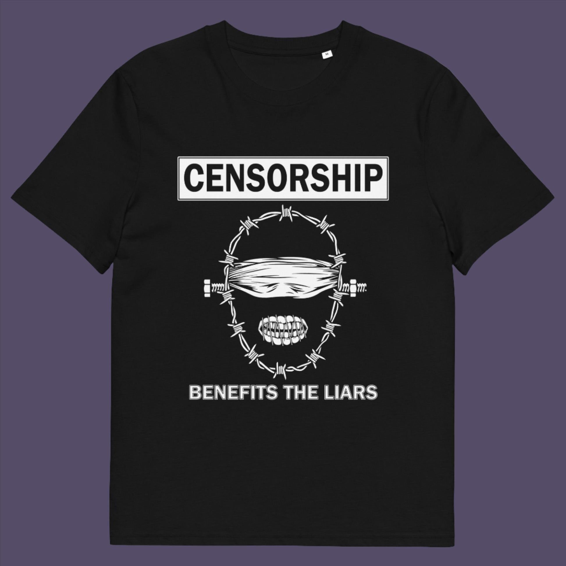 Black t-shirt. This political t-shirt highlights the benefits of censorship. Lies and censorship go hand-in-hand as tools of control and manipulation. This unique design promotes social awareness and freedom of speech. Made from 100% organic ring-spun cotton, this political t-shirt is unisex, high-quality, super comfy, and best of all, eco-friendly.