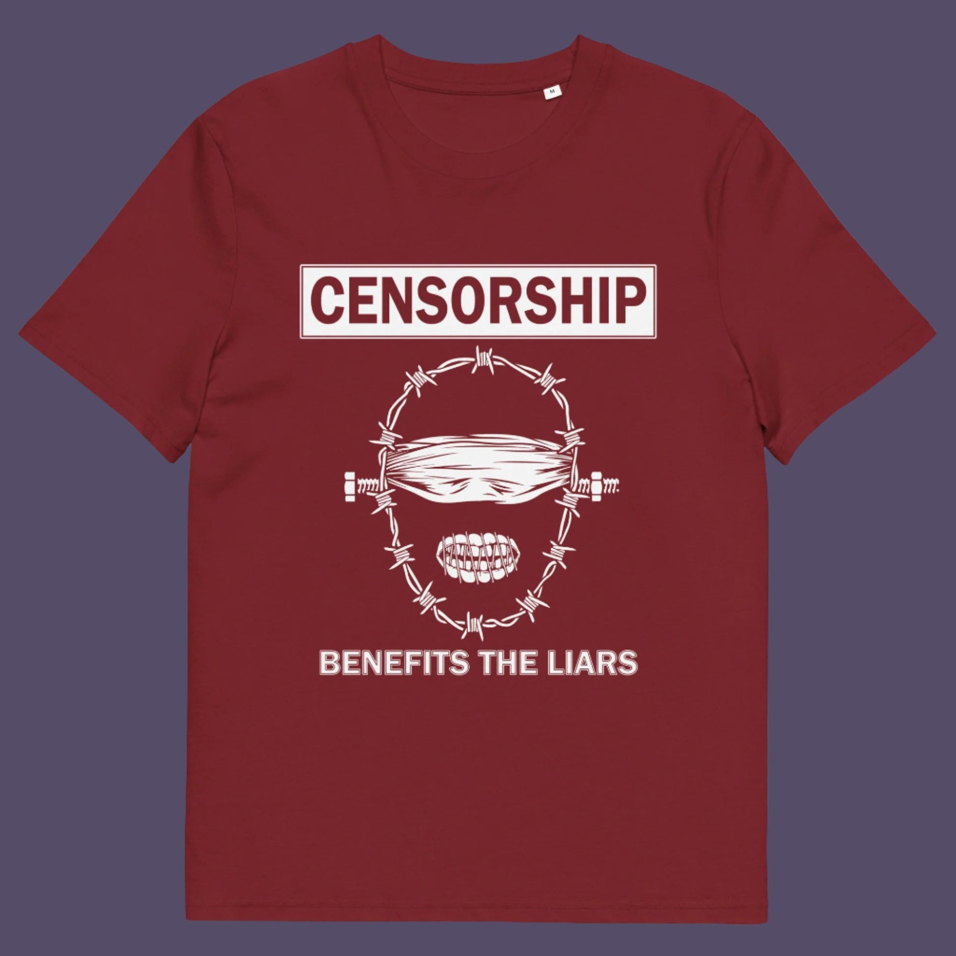 Burgundy t-shirt. This political t-shirt highlights the benefits of censorship. Lies and censorship go hand-in-hand as tools of control and manipulation. This unique design promotes social awareness and freedom of speech. Made from 100% organic ring-spun cotton, this political t-shirt is unisex, high-quality, super comfy, and best of all, eco-friendly.