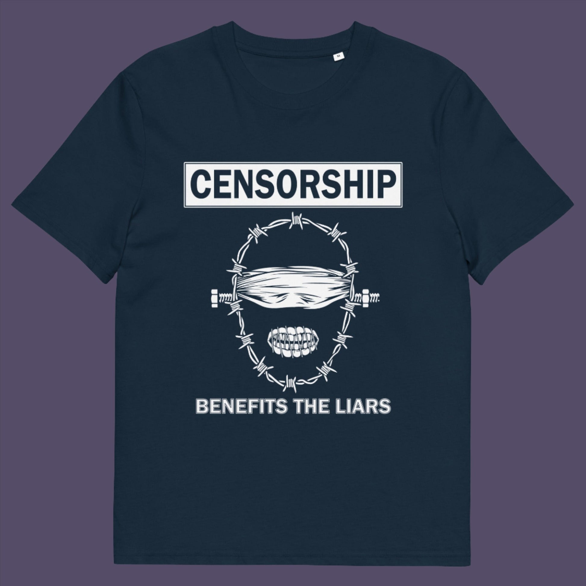 French navy t-shirt. This political t-shirt highlights the benefits of censorship. Lies and censorship go hand-in-hand as tools of control and manipulation. This unique design promotes social awareness and freedom of speech. Made from 100% organic ring-spun cotton, this political t-shirt is unisex, high-quality, super comfy, and best of all, eco-friendly.