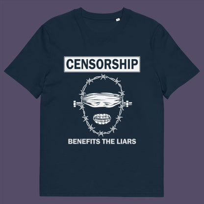 French navy t-shirt. This political t-shirt highlights the benefits of censorship. Lies and censorship go hand-in-hand as tools of control and manipulation. This unique design promotes social awareness and freedom of speech. Made from 100% organic ring-spun cotton, this political t-shirt is unisex, high-quality, super comfy, and best of all, eco-friendly.