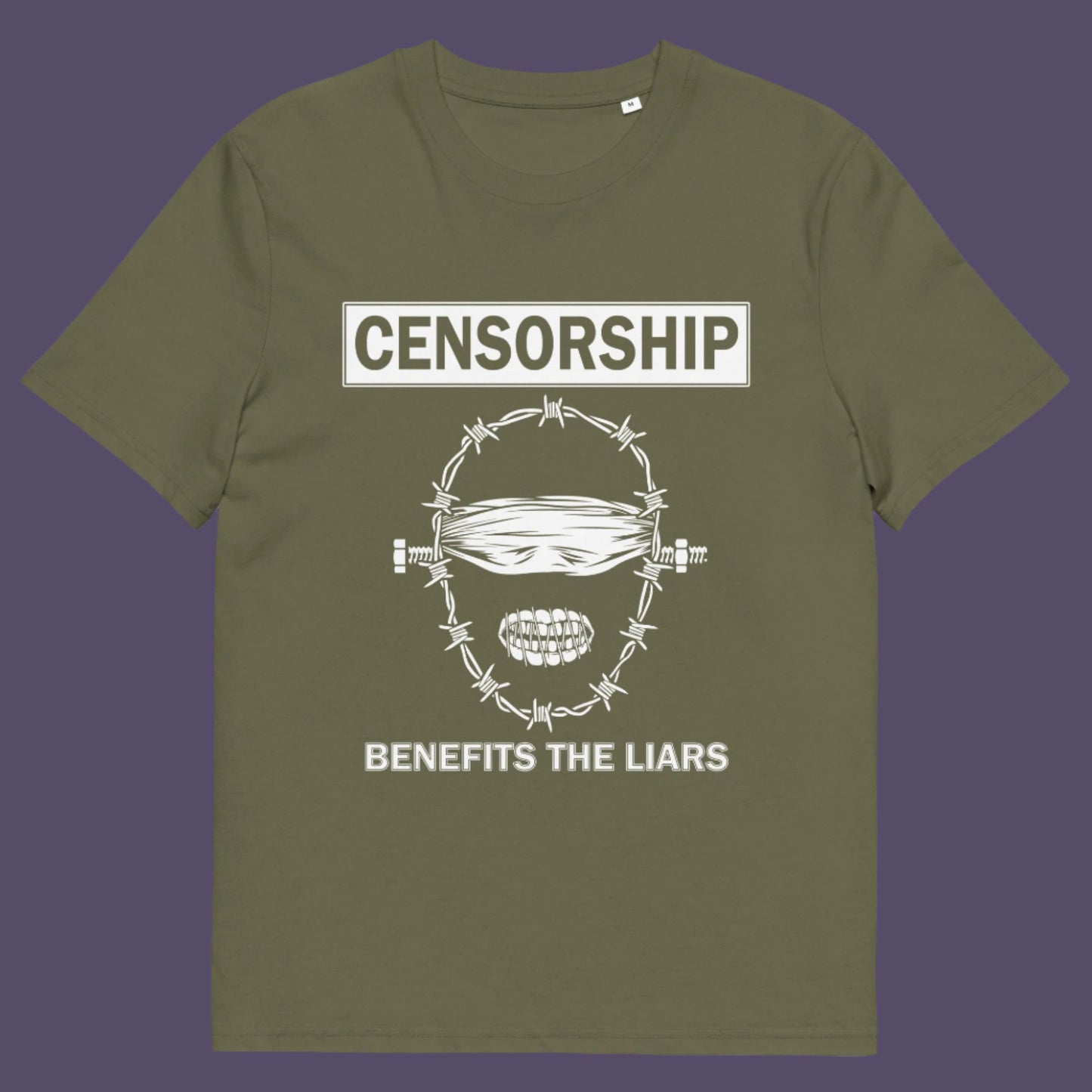Khaki t-shirt. This political t-shirt highlights the benefits of censorship. Lies and censorship go hand-in-hand as tools of control and manipulation. This unique design promotes social awareness and freedom of speech. Made from 100% organic ring-spun cotton, this political t-shirt is unisex, high-quality, super comfy, and best of all, eco-friendly.