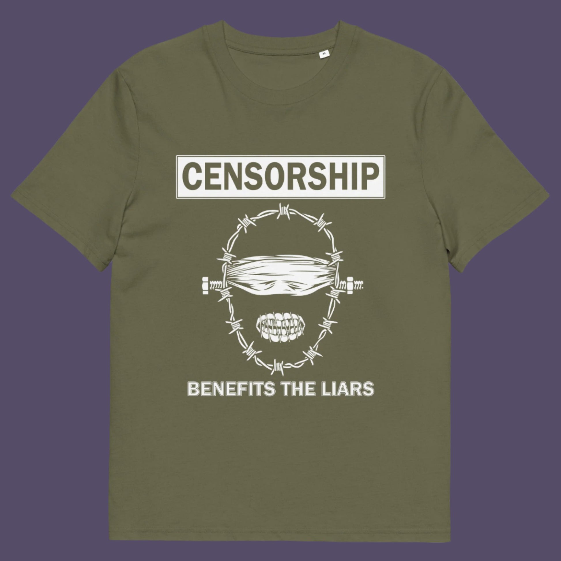 Khaki t-shirt. This political t-shirt highlights the benefits of censorship. Lies and censorship go hand-in-hand as tools of control and manipulation. This unique design promotes social awareness and freedom of speech. Made from 100% organic ring-spun cotton, this political t-shirt is unisex, high-quality, super comfy, and best of all, eco-friendly.