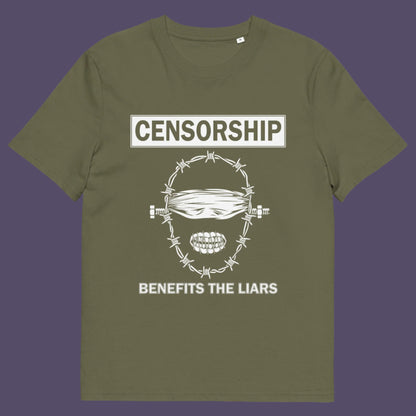 Khaki t-shirt. This political t-shirt highlights the benefits of censorship. Lies and censorship go hand-in-hand as tools of control and manipulation. This unique design promotes social awareness and freedom of speech. Made from 100% organic ring-spun cotton, this political t-shirt is unisex, high-quality, super comfy, and best of all, eco-friendly.