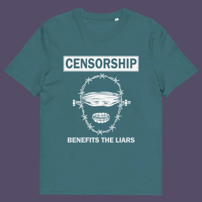 Stargazer t-shirt. This political t-shirt highlights the benefits of censorship. Lies and censorship go hand-in-hand as tools of control and manipulation. This unique design promotes social awareness and freedom of speech. Made from 100% organic ring-spun cotton, this political t-shirt is unisex, high-quality, super comfy, and best of all, eco-friendly.