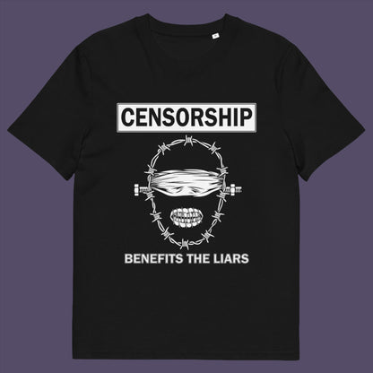Black t-shirt. This civil rights t shirt highlights the negative benefits of censorship. Lies and censorship go hand-in-hand as tools of control and manipulation. This unique design promotes social awareness and freedom of speech. Made from 100% organic ring-spun cotton, this no censorship t shirt is unisex, high-quality, super comfy, and best of all, eco-friendly.