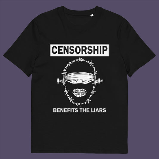 Black t-shirt. This civil rights t shirt highlights the negative benefits of censorship. Lies and censorship go hand-in-hand as tools of control and manipulation. This unique design promotes social awareness and freedom of speech. Made from 100% organic ring-spun cotton, this no censorship t shirt is unisex, high-quality, super comfy, and best of all, eco-friendly.