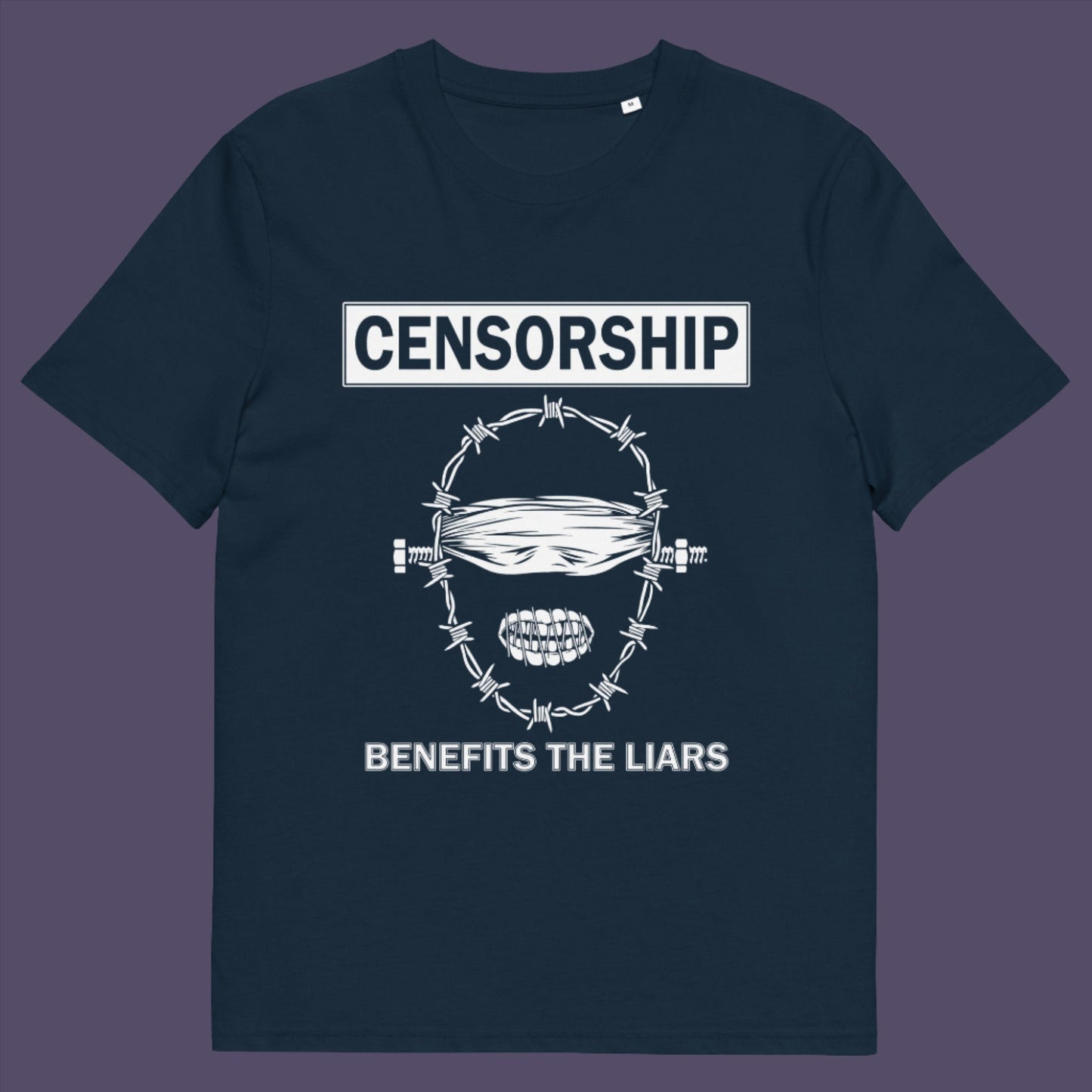 French navy t-shirt. This civil rights t shirt highlights the negative benefits of censorship. Lies and censorship go hand-in-hand as tools of control and manipulation. This unique design promotes social awareness and freedom of speech. Made from 100% organic ring-spun cotton, this no censorship t shirt is unisex, high-quality, super comfy, and best of all, eco-friendly.