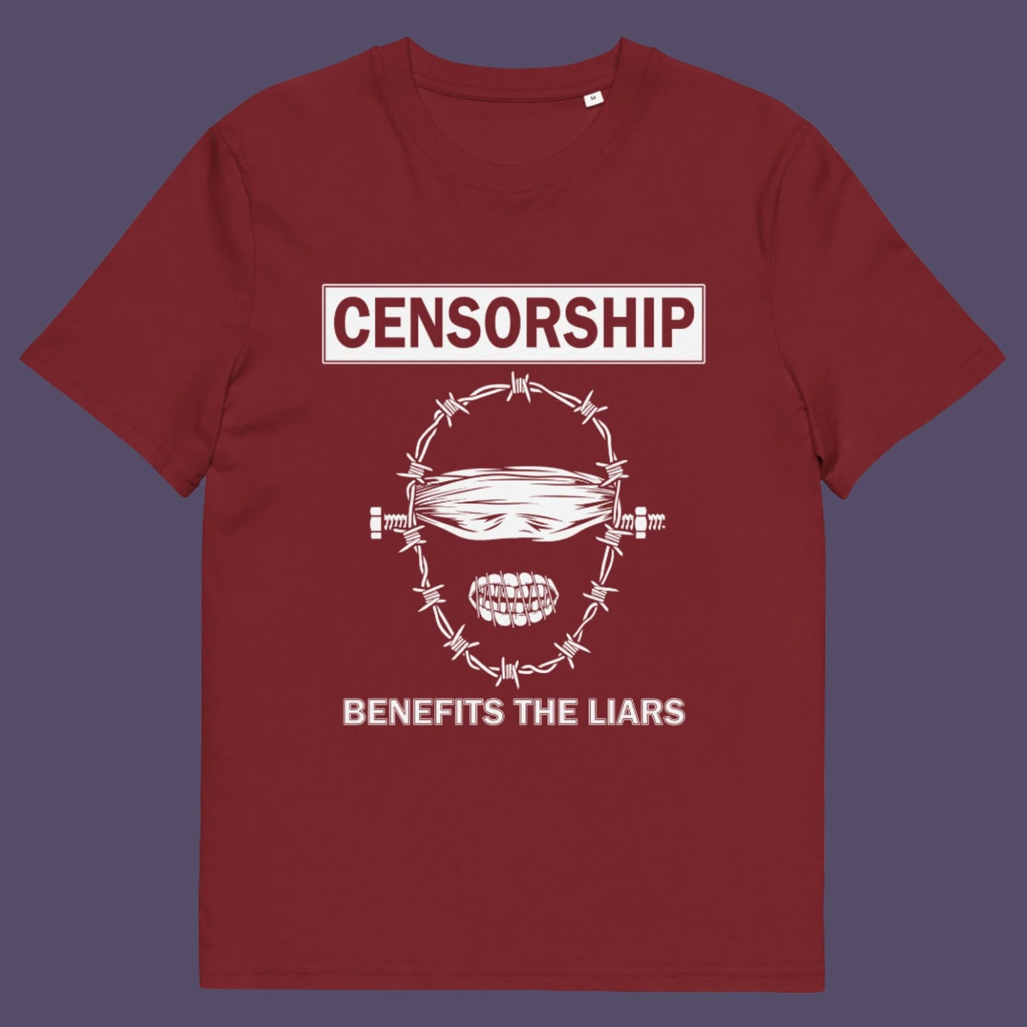 Burgundy t-shirt. This civil rights t shirt highlights the negative benefits of censorship. Lies and censorship go hand-in-hand as tools of control and manipulation. This unique design promotes social awareness and freedom of speech. Made from 100% organic ring-spun cotton, this no censorship t shirt is unisex, high-quality, super comfy, and best of all, eco-friendly.