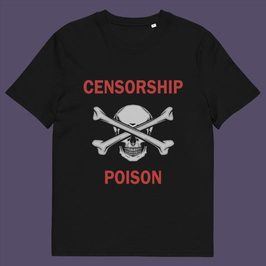 Black t-shirt. An anti-censorship t-shirt for free thinking, liberal minded advocates of transparency. This stencil art design is for freedom of speech lovers who believe no good can come of censorship. Made from 100% organic ring-spun cotton, this anti-censorship t-shirt is unisex, high-quality, super comfy, and best of all, eco-friendly.