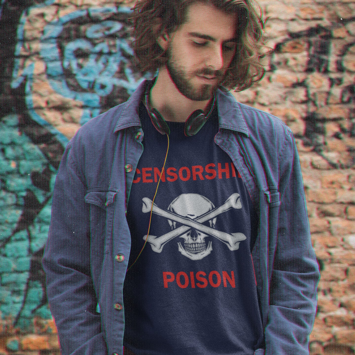 Man wearing a shirt with a skull and crossbones design and the word 'CENSORSHIP' in front of a graffiti-covered wall. A civil rights t shirt for free thinking liberal minded advocates of transparency. This stencil art design is for freedom of speech lovers who believe no good can come of censorship. Made from 100% organic ring-spun cotton, this no censorship t shirt is unisex, high-quality, super comfy, and best of all, eco-friendly.