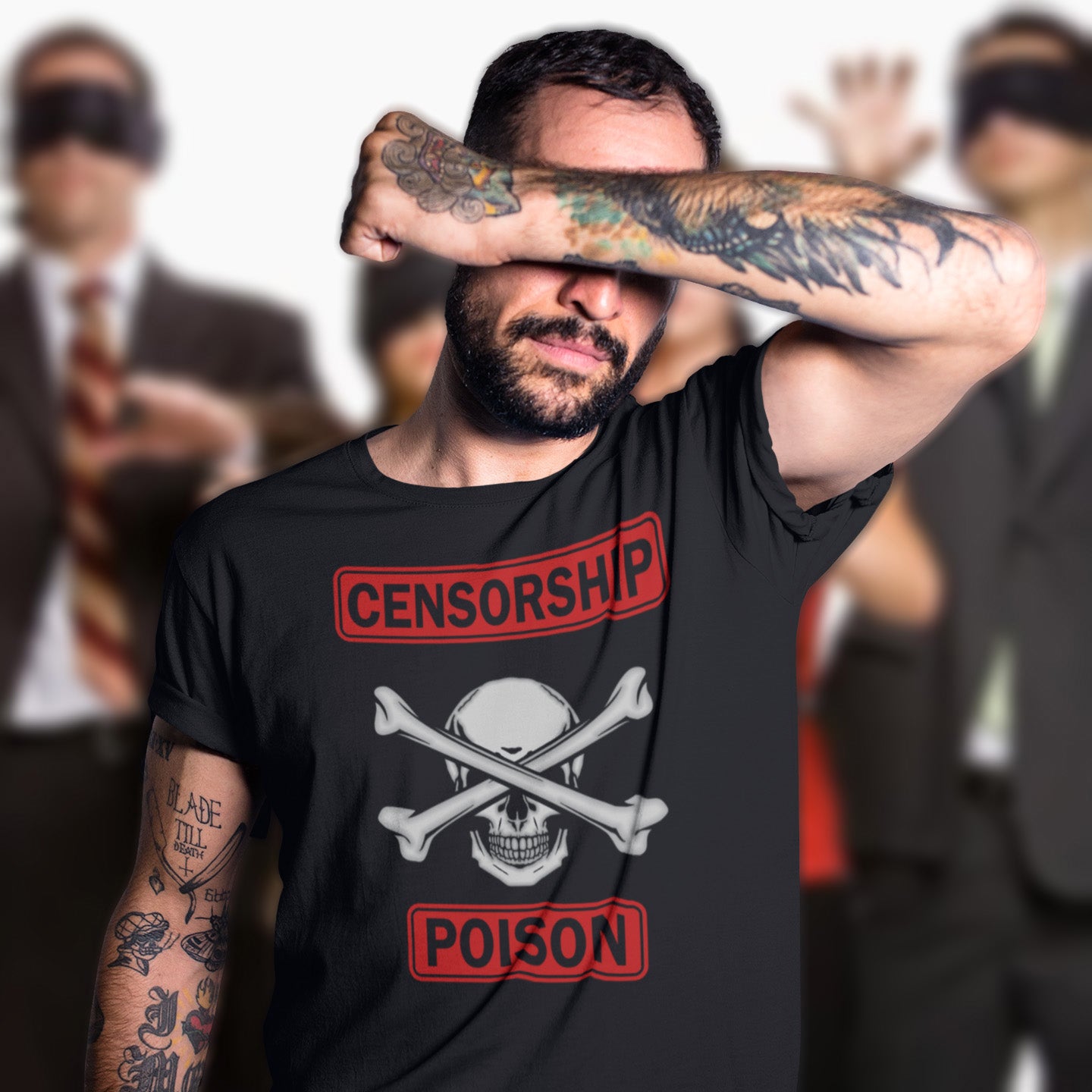 Man wearing a black t-shirt with 'Censorship Poison' design, surrounded by blurred figures in suits. A civil rights t shirt for free thinking liberal minded advocates of transparency. This stencil art design is for freedom of speech lovers who believe no good can come of censorship. Made from 100% organic ring-spun cotton, this no censorship t shirt is unisex, high-quality, super comfy, and best of all, eco-friendly.