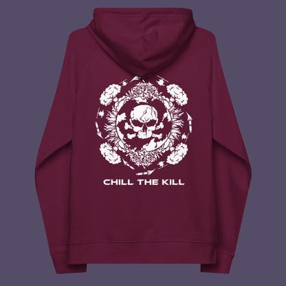 Burgundy hoodie back. A 'save the planet' hoodie about human impact on nature. An Earth day special. This design highlights the amount of death and destruction we create as a species. Comfortable and practical. It's extra soft and has a convenient front pouch pocket. Made from organic cotton and recycled polyester, this anti-war political hoodie is a great eco-friendly choice.