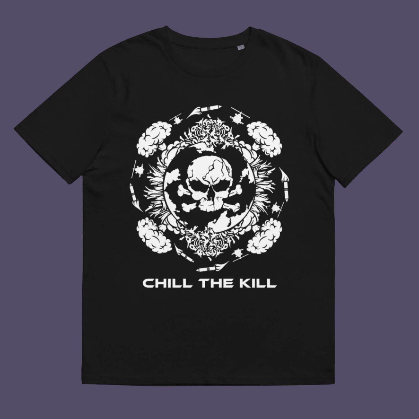 Black t-shirt. An original save the planet t-shirt. A unique creation in a series of designs about environmental issues and climate concern. This one highlighting the amount of death and destruction we create as a species. Express your counterculture alternative view and encourage social awareness. Made from 100% organic ring-spun cotton, this political t-shirt is unisex, high-quality, super comfy, and best of all, eco-friendly.