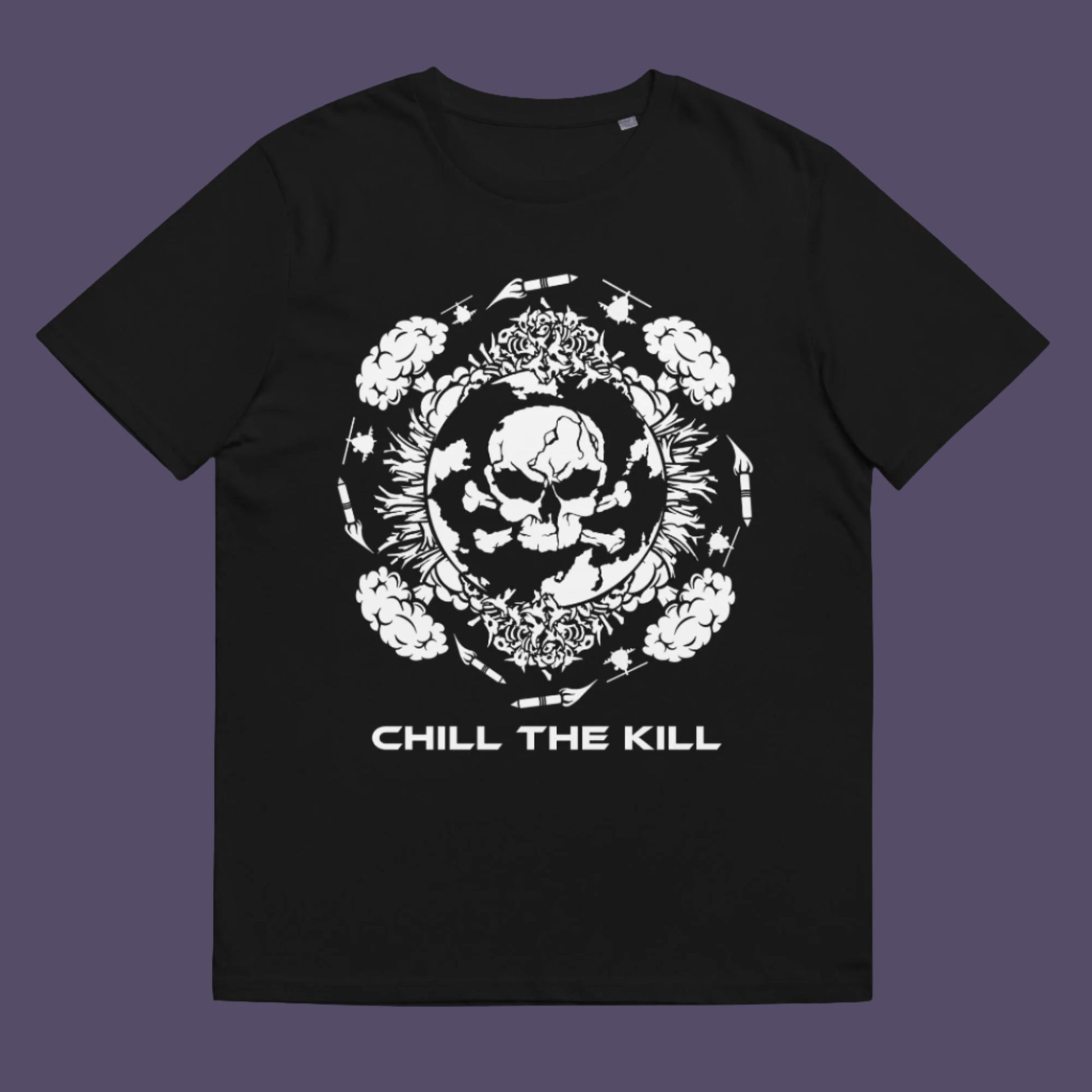 Black t-shirt. An original save the planet t-shirt. A unique creation in a series of designs about environmental issues and climate concern. This one highlighting the amount of death and destruction we create as a species. Express your counterculture alternative view and encourage social awareness. Made from 100% organic ring-spun cotton, this political t-shirt is unisex, high-quality, super comfy, and best of all, eco-friendly.