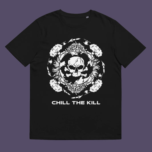 Black t-shirt. An original save the planet t-shirt. A unique creation in a series of designs about environmental issues and climate concern. This one highlighting the amount of death and destruction we create as a species. Express your counterculture alternative view and encourage social awareness. Made from 100% organic ring-spun cotton, this political t-shirt is unisex, high-quality, super comfy, and best of all, eco-friendly.