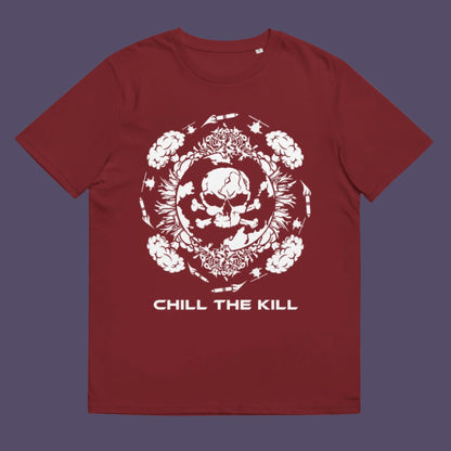 Burgundy t-shirt. An original save the planet t-shirt. A unique creation in a series of designs about environmental issues and climate concern. This one highlighting the amount of death and destruction we create as a species. Express your counterculture alternative view and encourage social awareness. Made from 100% organic ring-spun cotton, this political t-shirt is unisex, high-quality, super comfy, and best of all, eco-friendly.