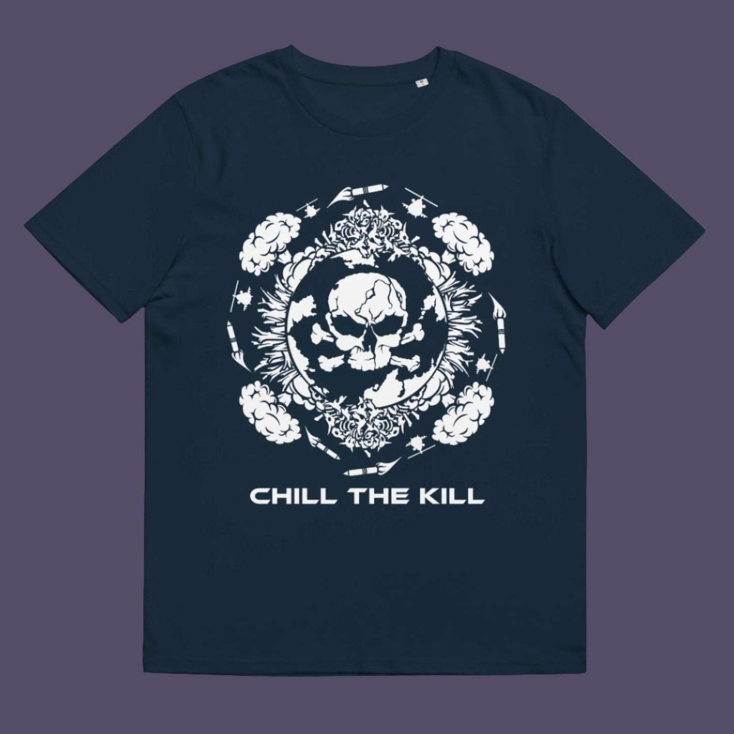 French navy t-shirt. An original save the planet t-shirt. A unique creation in a series of designs about environmental issues and climate concern. This one highlighting the amount of death and destruction we create as a species. Express your counterculture alternative view and encourage social awareness. Made from 100% organic ring-spun cotton, this political t-shirt is unisex, high-quality, super comfy, and best of all, eco-friendly.