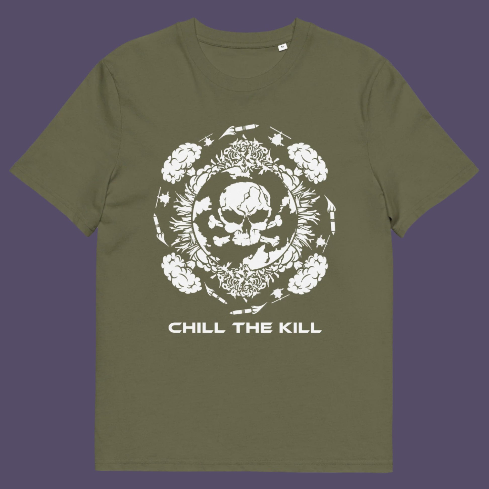 Khaki t-shirt. An original save the planet t-shirt. A unique creation in a series of designs about environmental issues and climate concern. This one highlighting the amount of death and destruction we create as a species. Express your counterculture alternative view and encourage social awareness. Made from 100% organic ring-spun cotton, this political t-shirt is unisex, high-quality, super comfy, and best of all, eco-friendly.