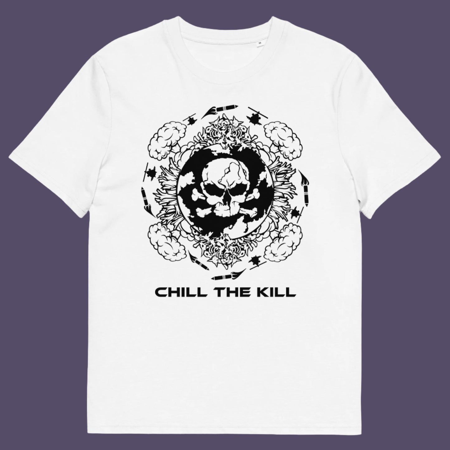 White t-shirt. An original save the planet t-shirt. A unique creation in a series of designs about environmental issues and climate concern. This one highlighting the amount of death and destruction we create as a species. Express your counterculture alternative view and encourage social awareness. Made from 100% organic ring-spun cotton, this political t-shirt is unisex, high-quality, super comfy, and best of all, eco-friendly.