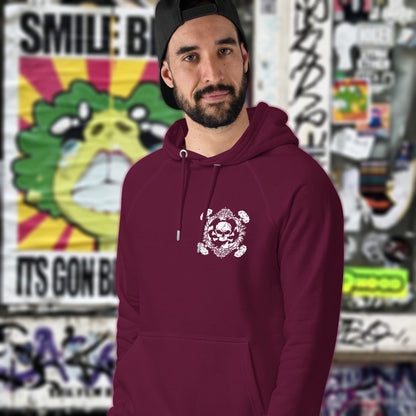 Man wearing a maroon hoodie with a white graphic design in front of a colourful graffiti wall. A 'save the planet' hoodie about human impact on nature. An Earth day special. This design highlights the amount of death and destruction we create as a species. Comfortable and practical. It's extra soft and has a convenient front pouch pocket. Made from organic cotton and recycled polyester, this anti-war political hoodie is a great eco-friendly choice.