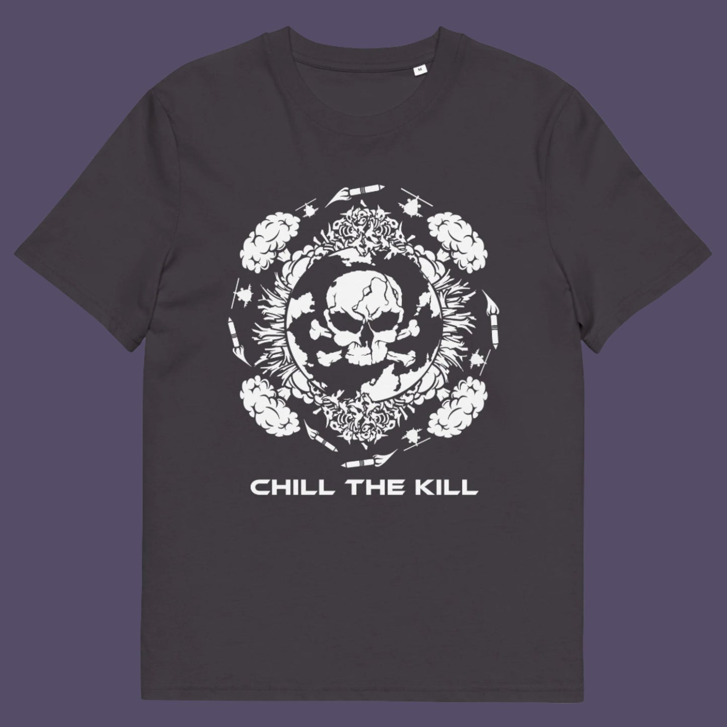 Anthracite t-shirt. An original save the planet t-shirt. A unique creation in a series of designs about environmental concern and climate issues. This one highlighting the amount of death and destruction we create as a species. Express your counter culture view and encourage social awareness. Made from 100% organic ring-spun cotton, this save the earth t shirt is unisex, high-quality, super comfy, and best of all, eco-friendly.