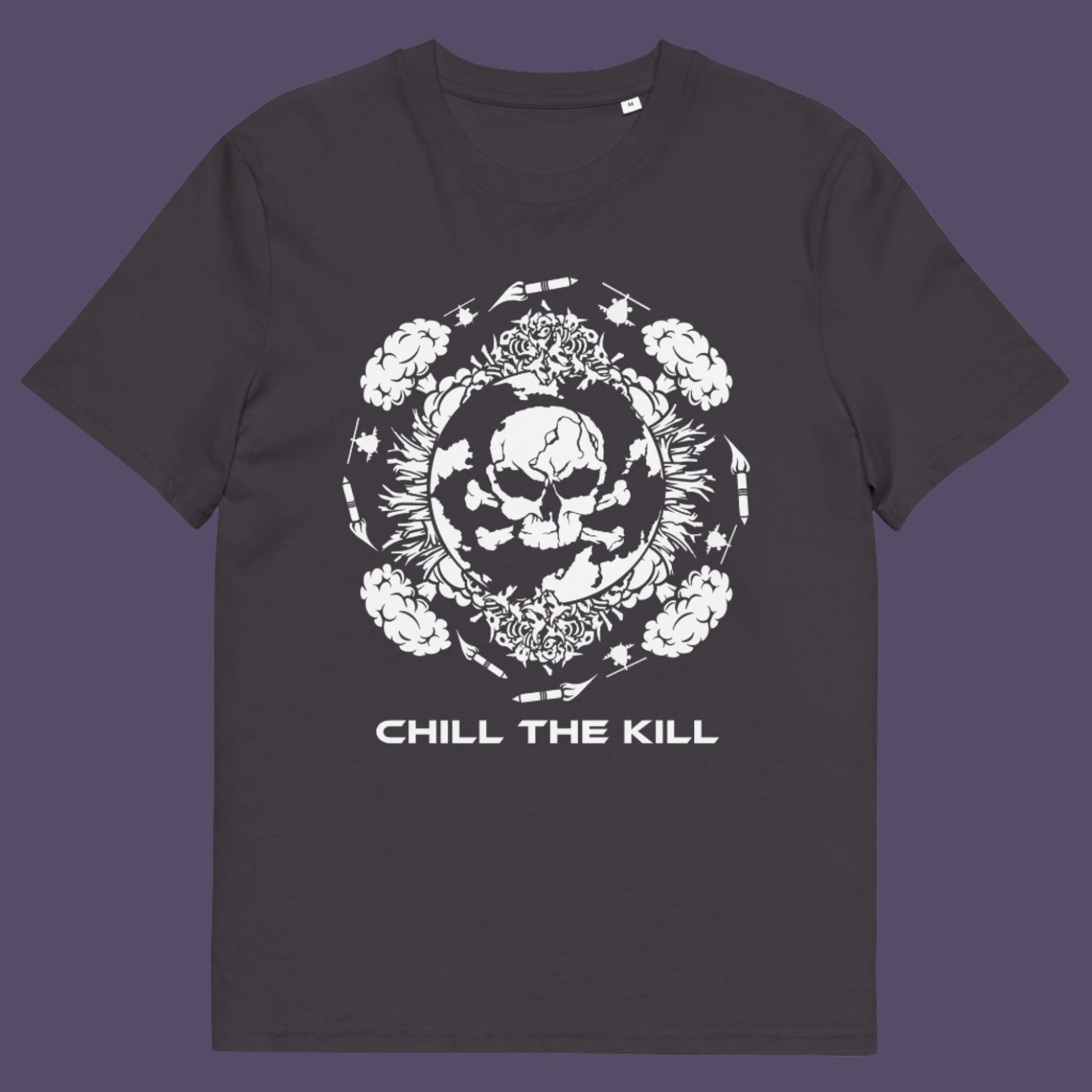 Anthracite t-shirt. An original save the planet t-shirt. A unique creation in a series of designs about environmental concern and climate issues. This one highlighting the amount of death and destruction we create as a species. Express your counter culture view and encourage social awareness. Made from 100% organic ring-spun cotton, this save the earth t shirt is unisex, high-quality, super comfy, and best of all, eco-friendly.