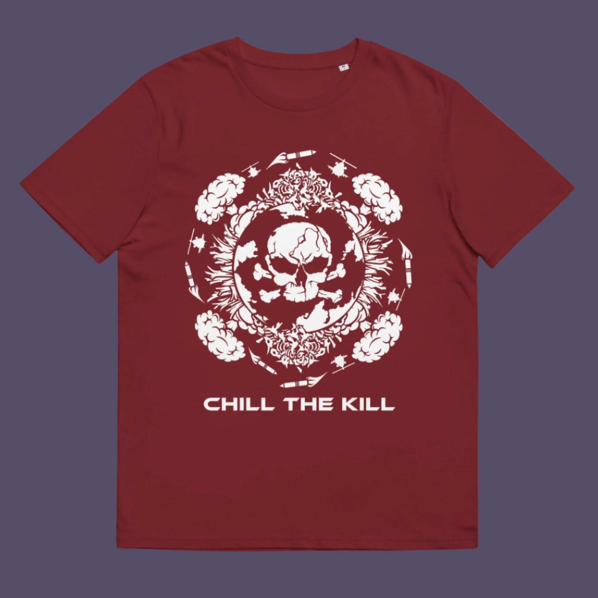 Burgundy t-shirt. An original save the planet t-shirt. A unique creation in a series of designs about environmental concern and climate issues. This one highlighting the amount of death and destruction we create as a species. Express your counter culture view and encourage social awareness. Made from 100% organic ring-spun cotton, this save the earth t shirt is unisex, high-quality, super comfy, and best of all, eco-friendly.