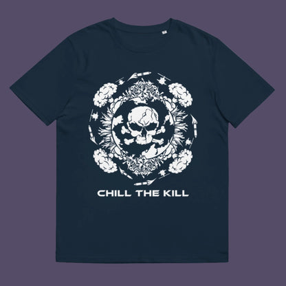 French navy t-shirt. An original save the planet t-shirt. A unique creation in a series of designs about environmental concern and climate issues. This one highlighting the amount of death and destruction we create as a species. Express your counter culture view and encourage social awareness. Made from 100% organic ring-spun cotton, this save the earth t shirt is unisex, high-quality, super comfy, and best of all, eco-friendly.