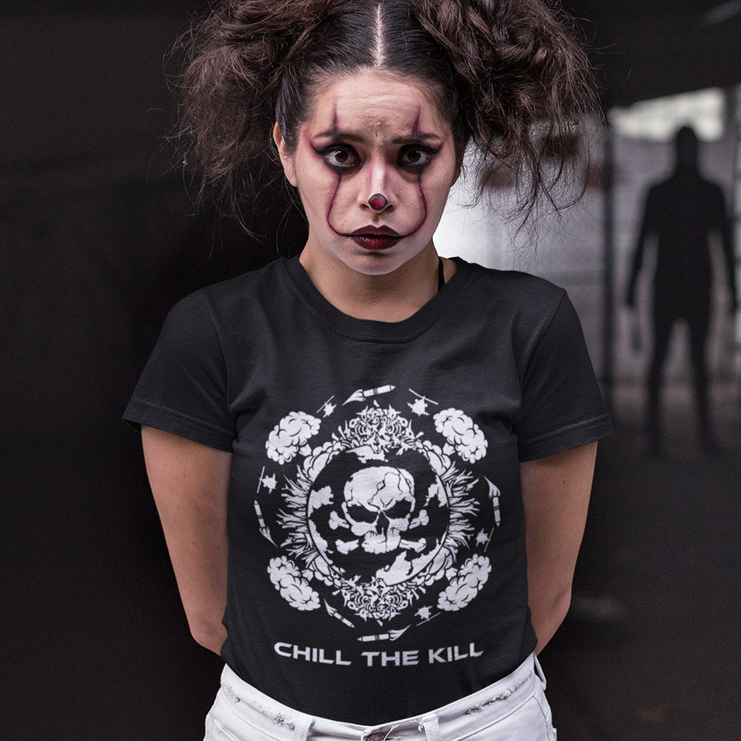 Woman with clown make up, wearing a black "chill the Kill" t shirt.